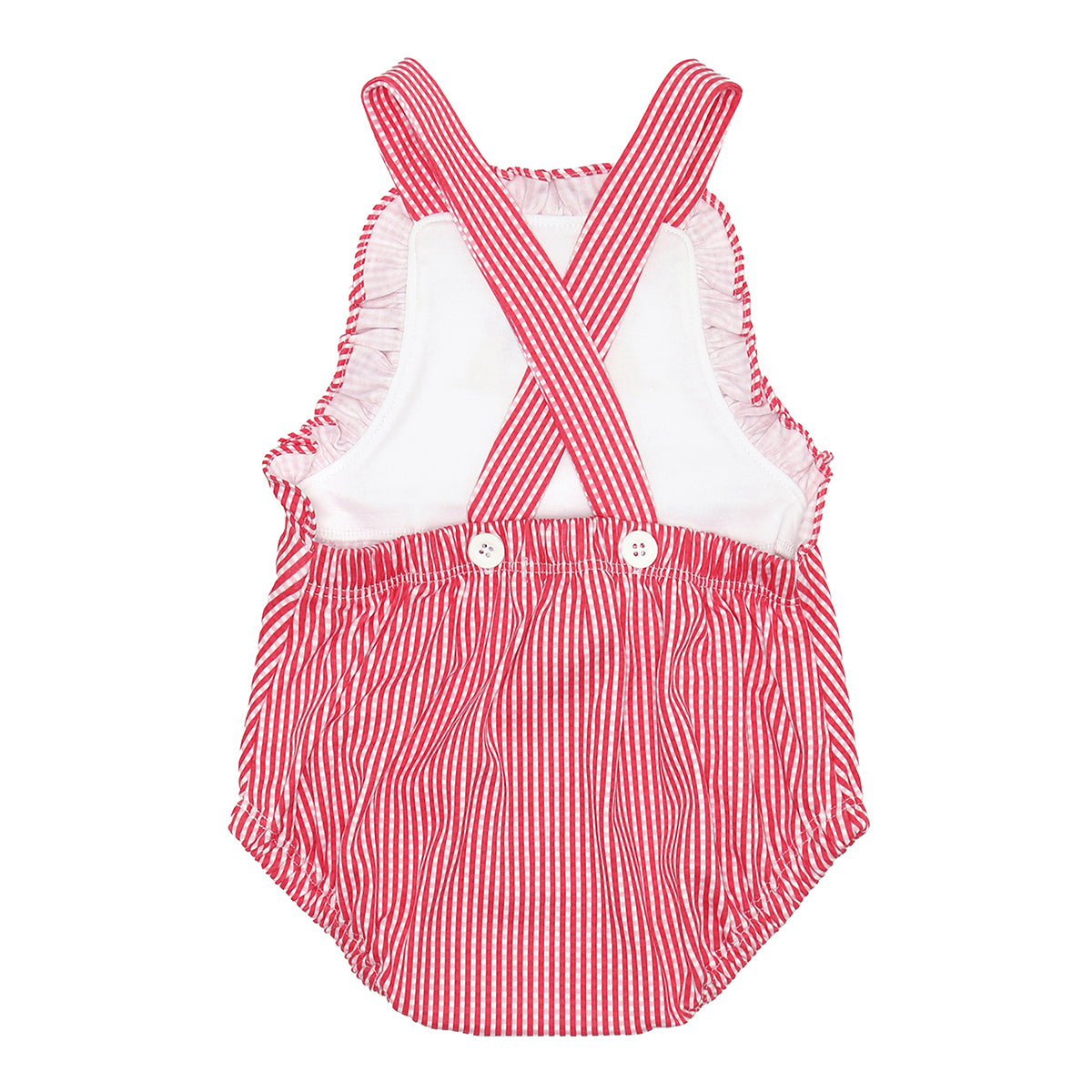 The back of a red and white gingham  American flag sunsuit with criss cross shoulder straps.