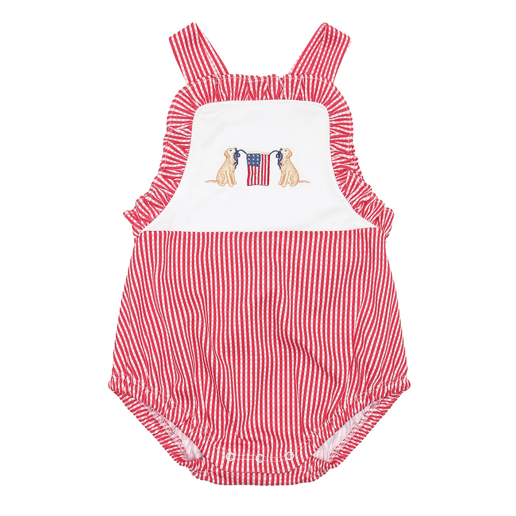 Baby girl red check patriotic dog with American Flag sunsuit bubble outfit