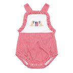 Baby girl red check patriotic dog with American Flag sunsuit bubble outfit
