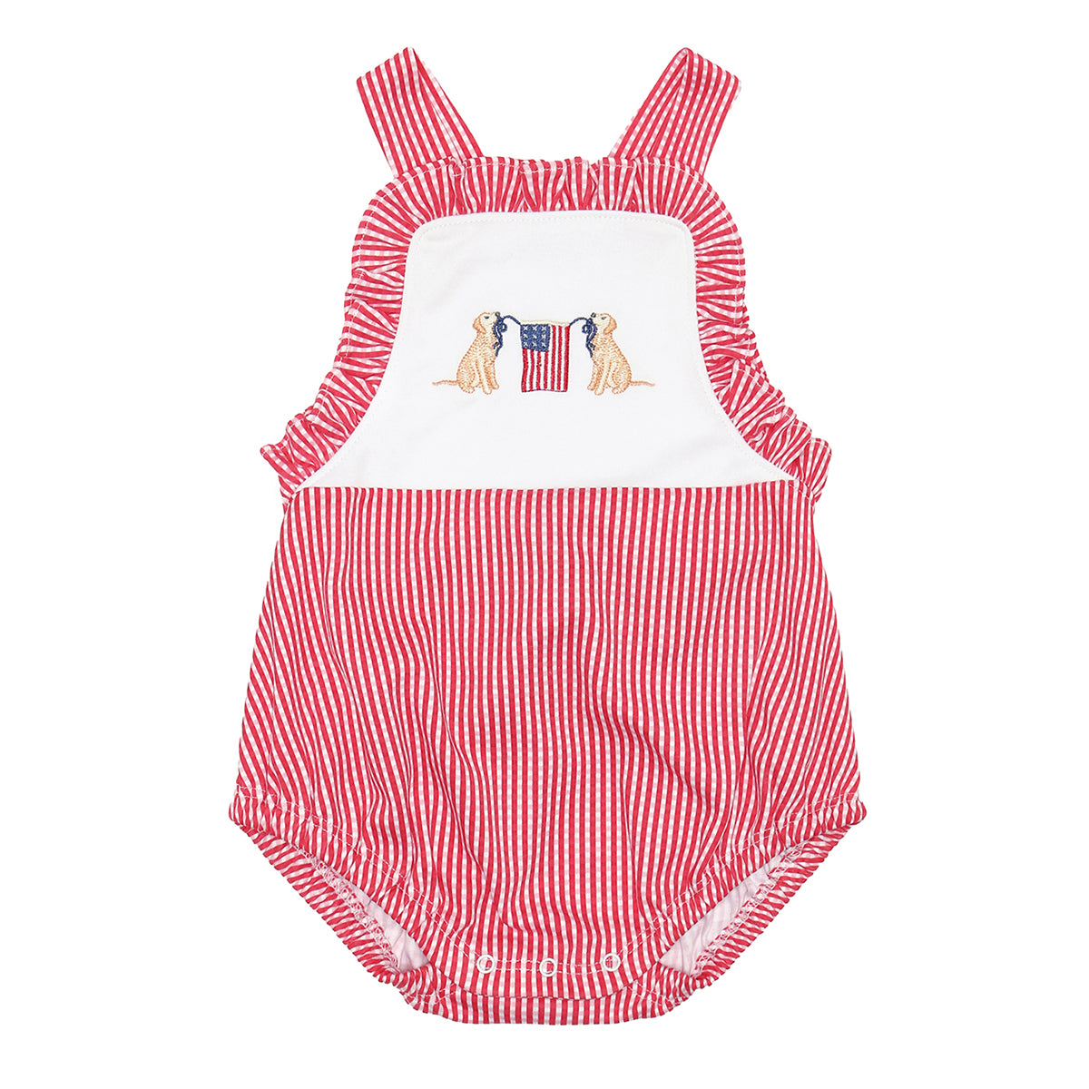 Baby girl red check patriotic dog with American Flag sunsuit bubble outfit