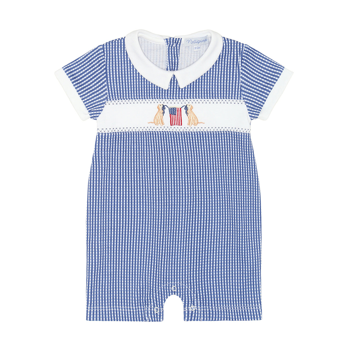 Baby boy blue gingham patriotic-themed short romper with embroidered dogs and American flag. 