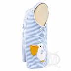 Side view of a boys blue and white stripe knit overall with a pelican applique that wraps around the side.