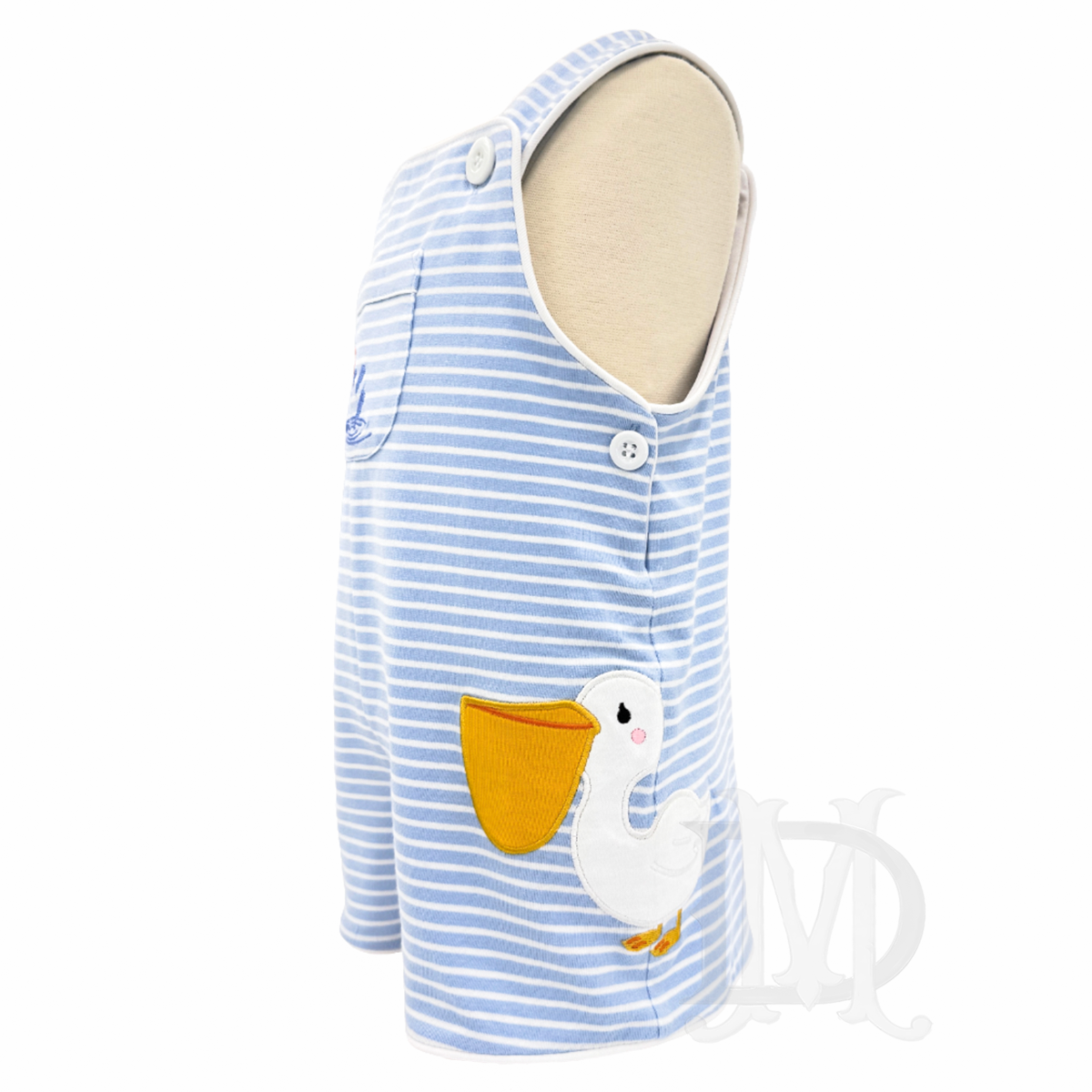Side view of a boys blue and white stripe knit overall with a pelican applique that wraps around the side.