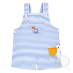 Toddler boys blue stripe knit overall with a pelican applique and embroidered goldfish on the chest pocket.