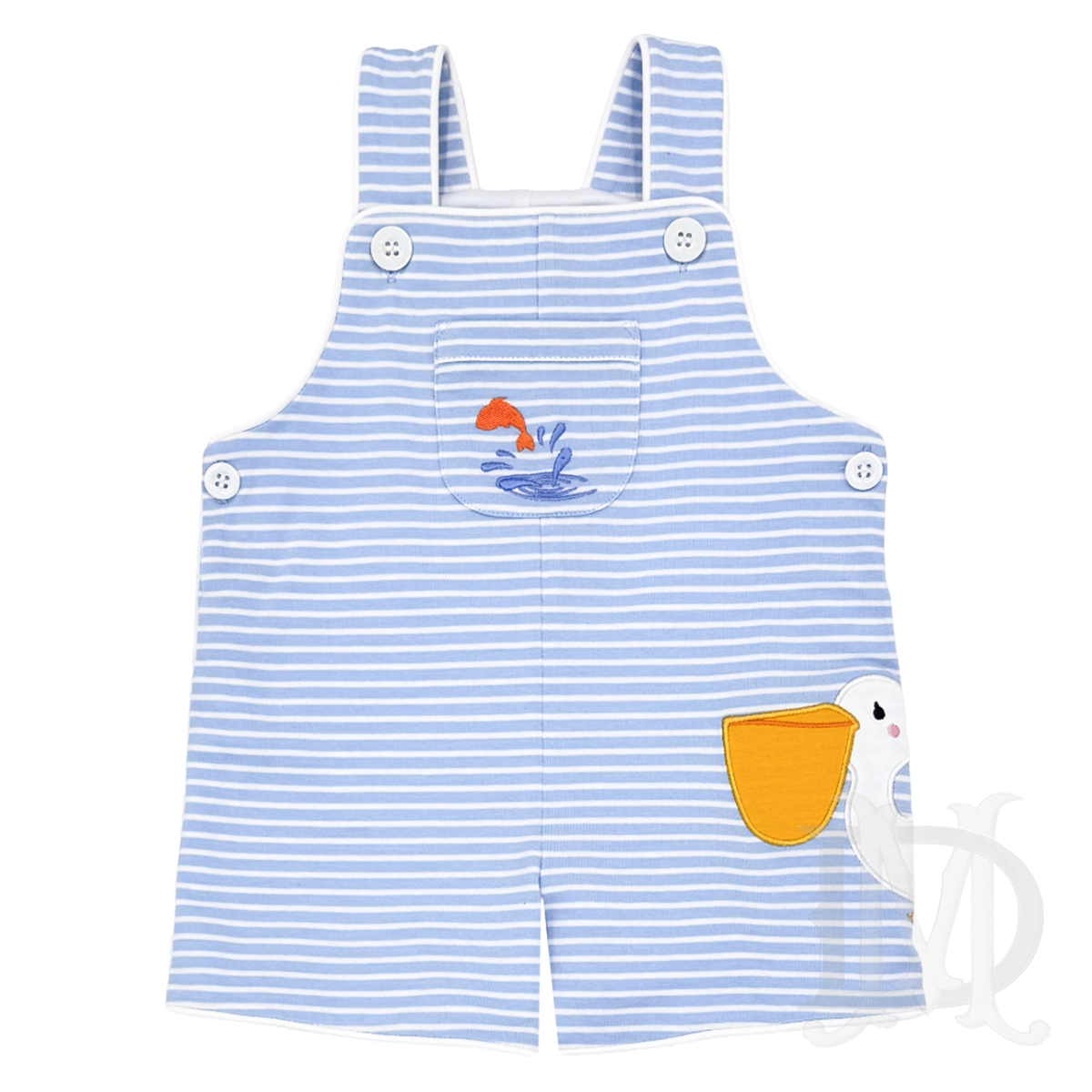 Toddler boys blue stripe knit overall with a pelican applique and embroidered goldfish on the chest pocket.