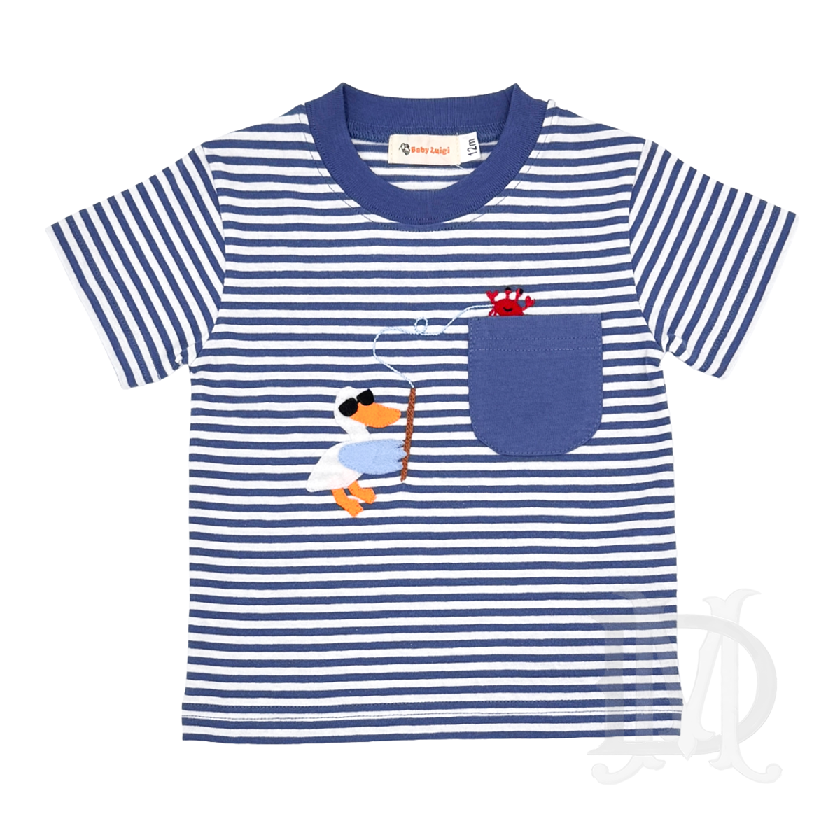 Boys blue and white striped short sleeve shirt with a front pocket and an embroidered pelican and crab.