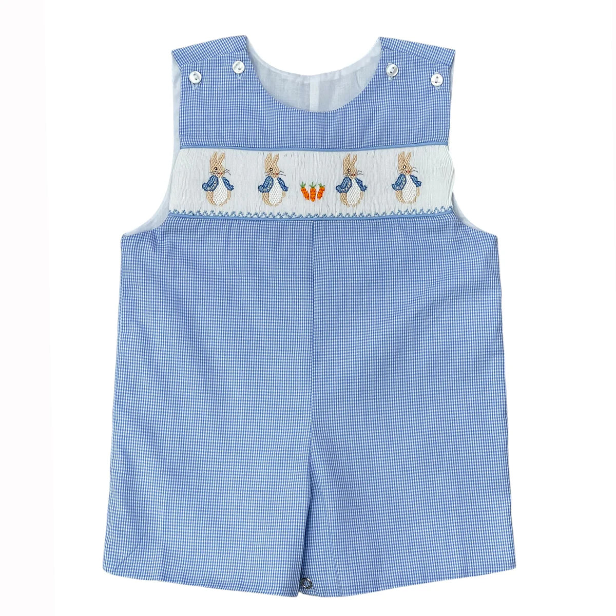 Little boy's blue checkered john-john with Peter Rabbit smocking.