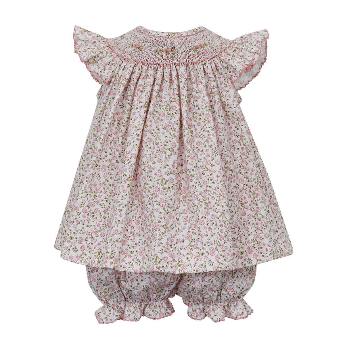Baby Girl's Pink Floral Rosalie Smocked Flutter Sleeve Bloomer Set by Petit Bebe