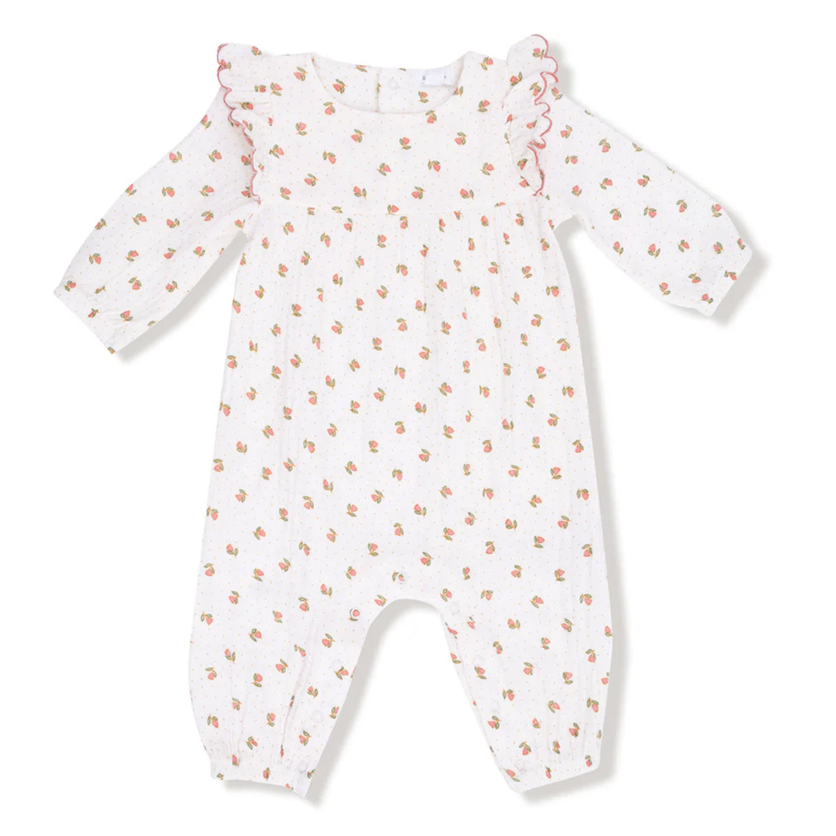 Baby girl muslin romper with pink floral print, long sleeves, and ruffle trim by Angel Dear