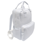 Light blue stripe quilted diaper bag with handles, shoulder straps, and outside pockets.