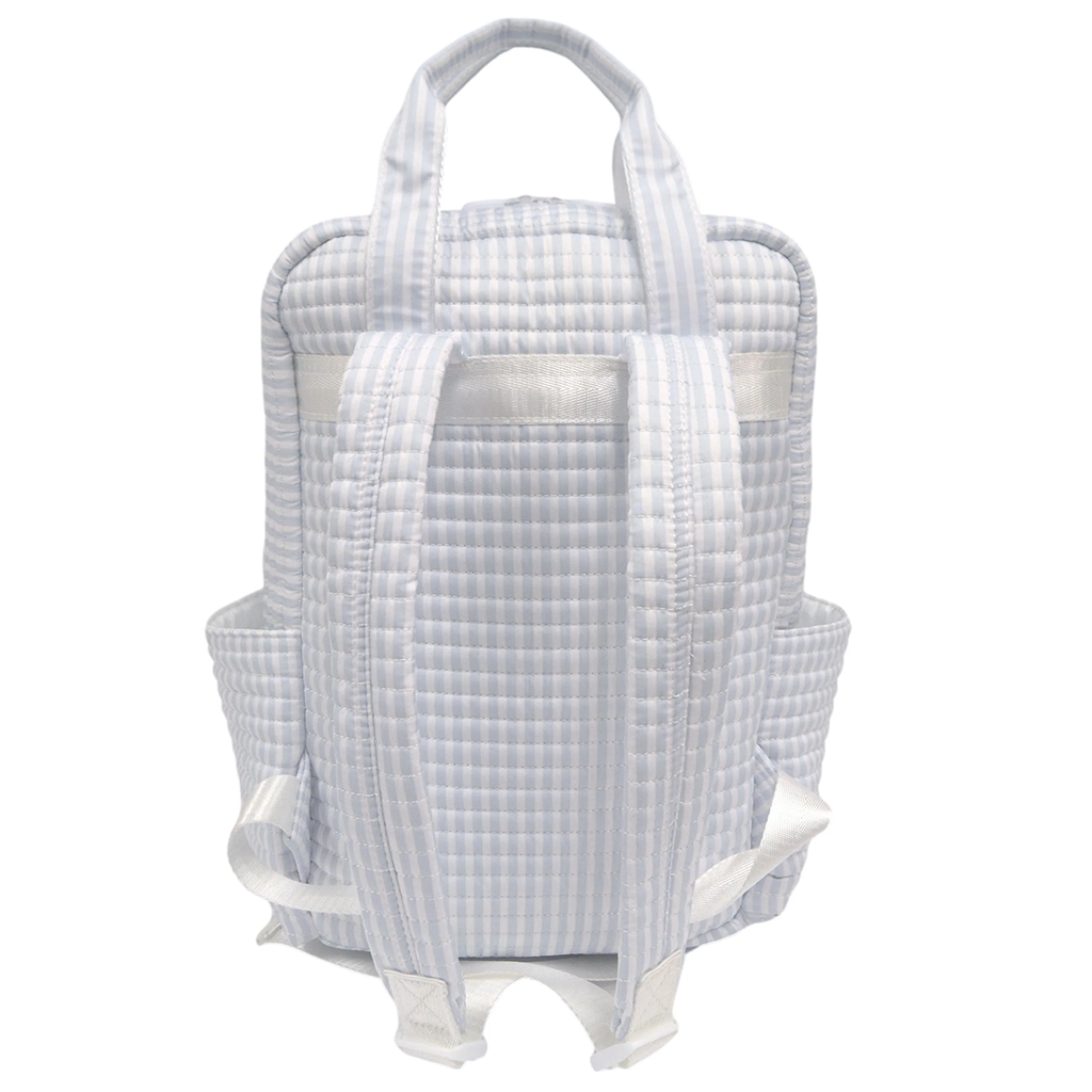 Light blue stripe quilted backpack diaper bag with shoulder straps, handles and outside pockets.