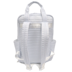 Light blue stripe quilted backpack diaper bag with shoulder straps, handles and outside pockets.