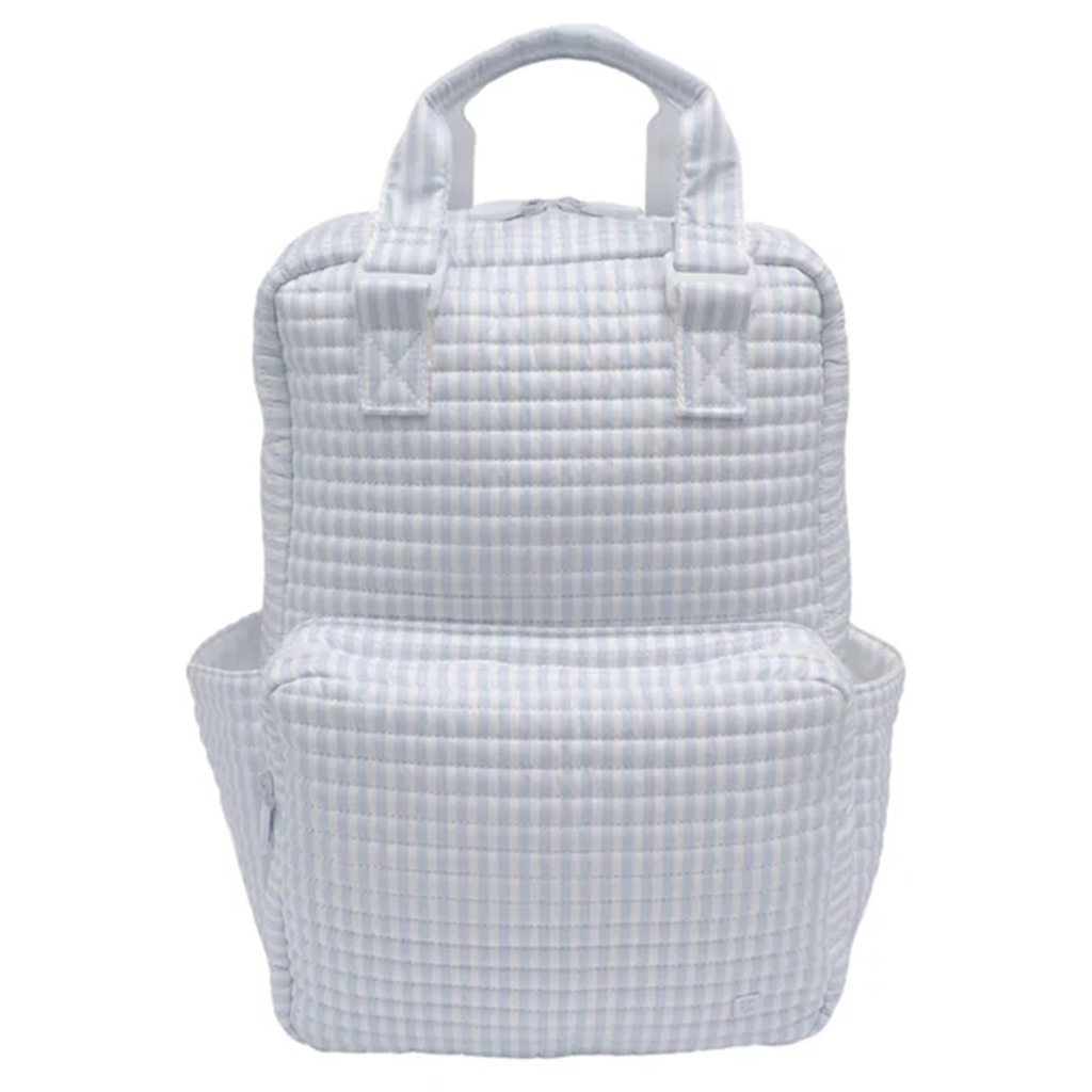 Light blue stripe quilted diaper bag with handles and outside pockets.