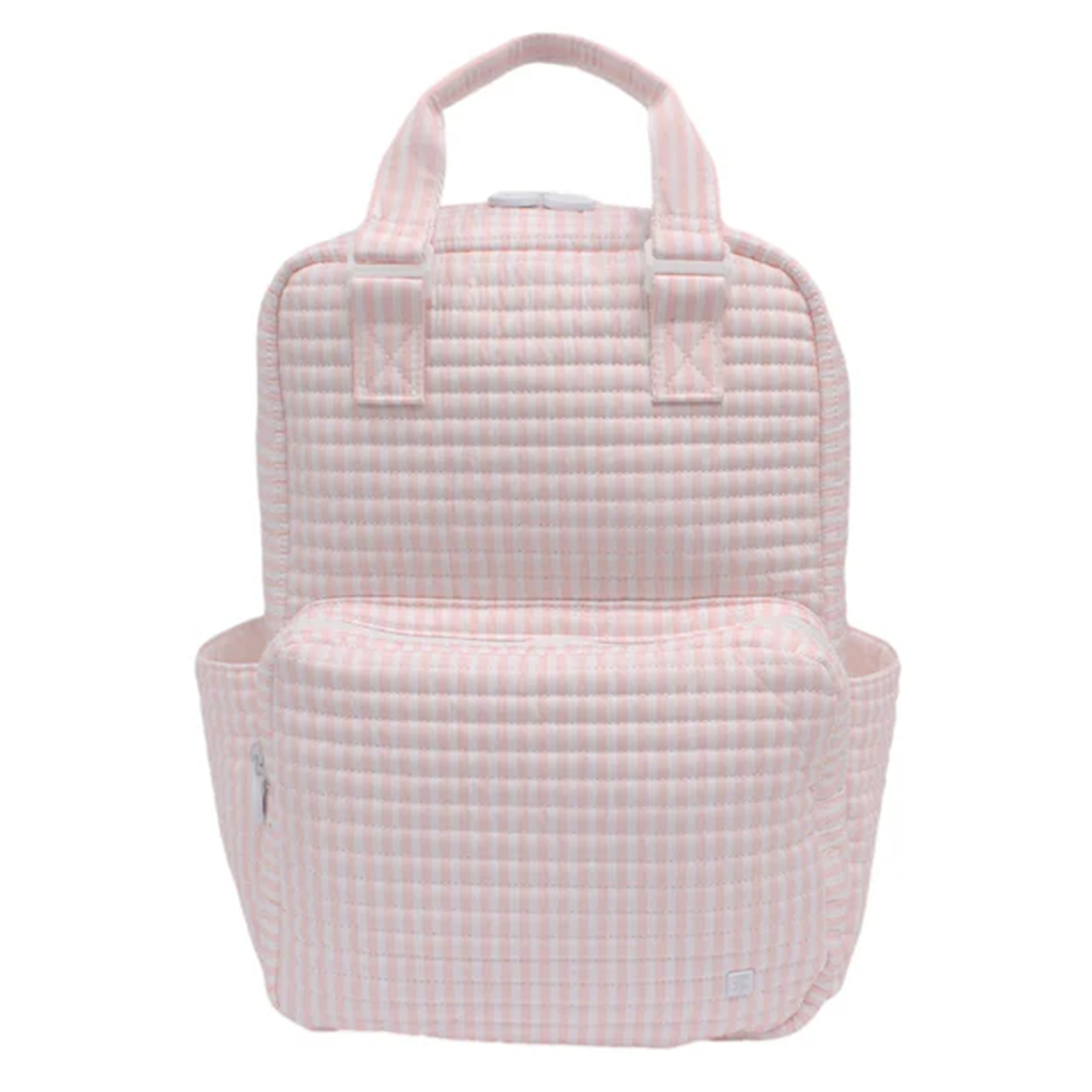 Pink stripe quilted diaper bag with handles and outside pockets.