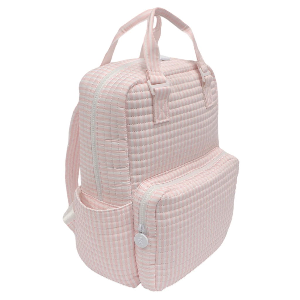 Pink stripe quilted diaper bag with handles, shoulder straps, and outside pockets.