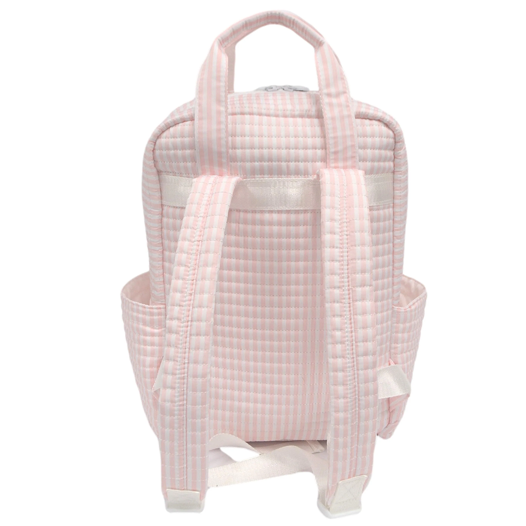 Pink stripe quilted backpack diaper bag with shoulder straps, carry handles, and outside pockets.
