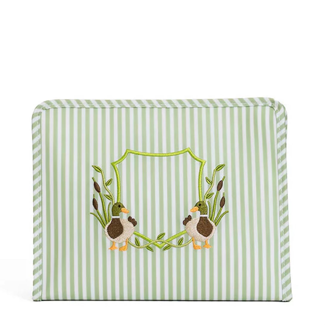 Sage green stripe travel pouch with an embroidered mallard duck crest. 