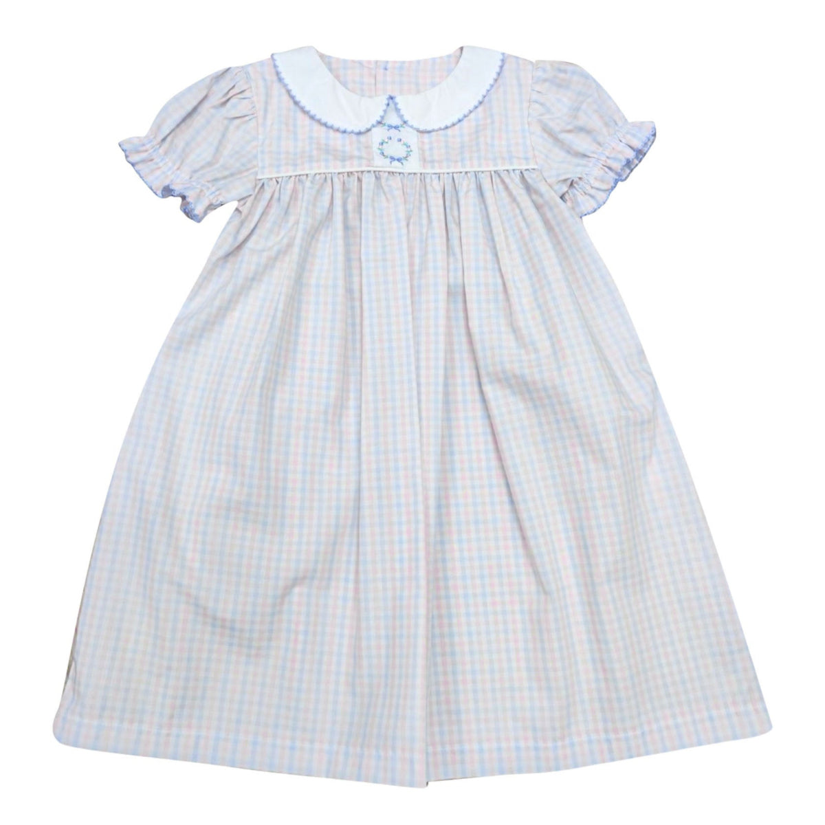 Girl's Pink and Blue Plaid Embroidered Dress