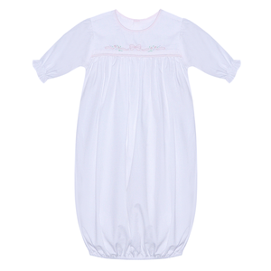 Girl's White Newborn Daygown with Embroidered Pink Bow