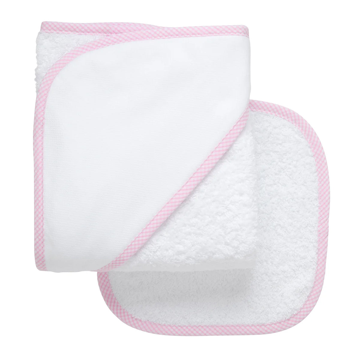 White pique hooded baby towel and terrycloth washcloth with pink small check trim.
