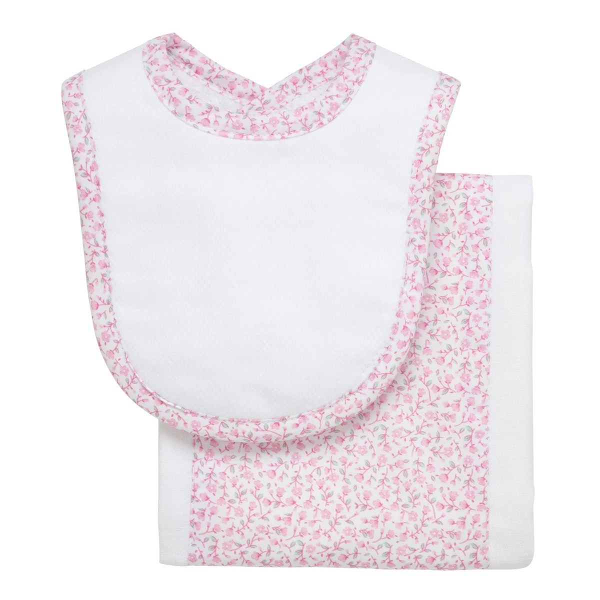 White bib with pink floral trim and matching burp pad gift set