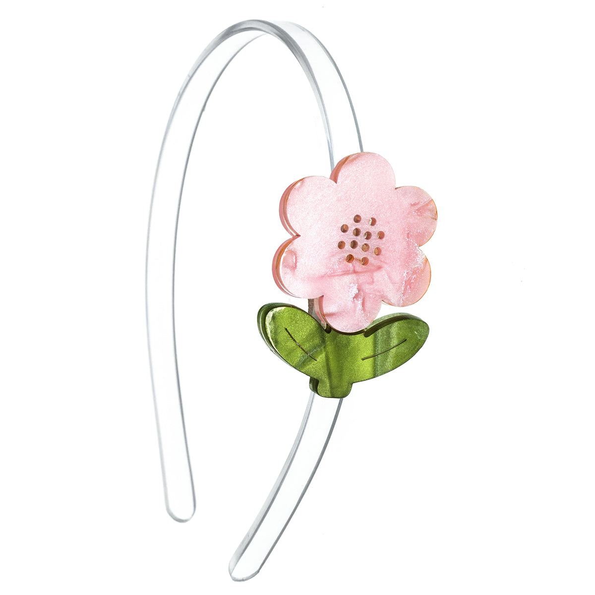 Floral acrylic little girl headband with pearlized pink flower and green leaves