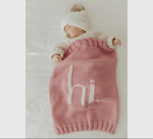 "Hi" Hand Knit Rosy Pink Blanket