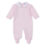 Light pink jacquard Pima cotton baby girl’s footed romper with white Peter Pan collar featuring delicate pink embroidery.