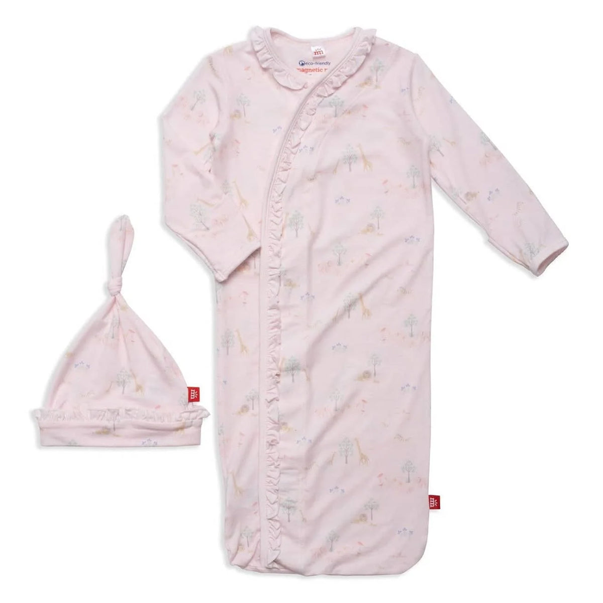 Magnetic Me Pink Serene Safari Baby Girl's Ruffled Gown and Hat Set