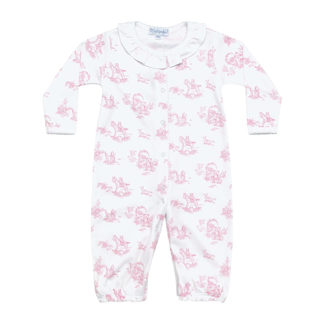 Baby girl's converter gown romper in a pink toile print with a white ruffled collar.