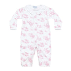 Baby girl's converter gown romper in a pink toile print with a white ruffled collar.