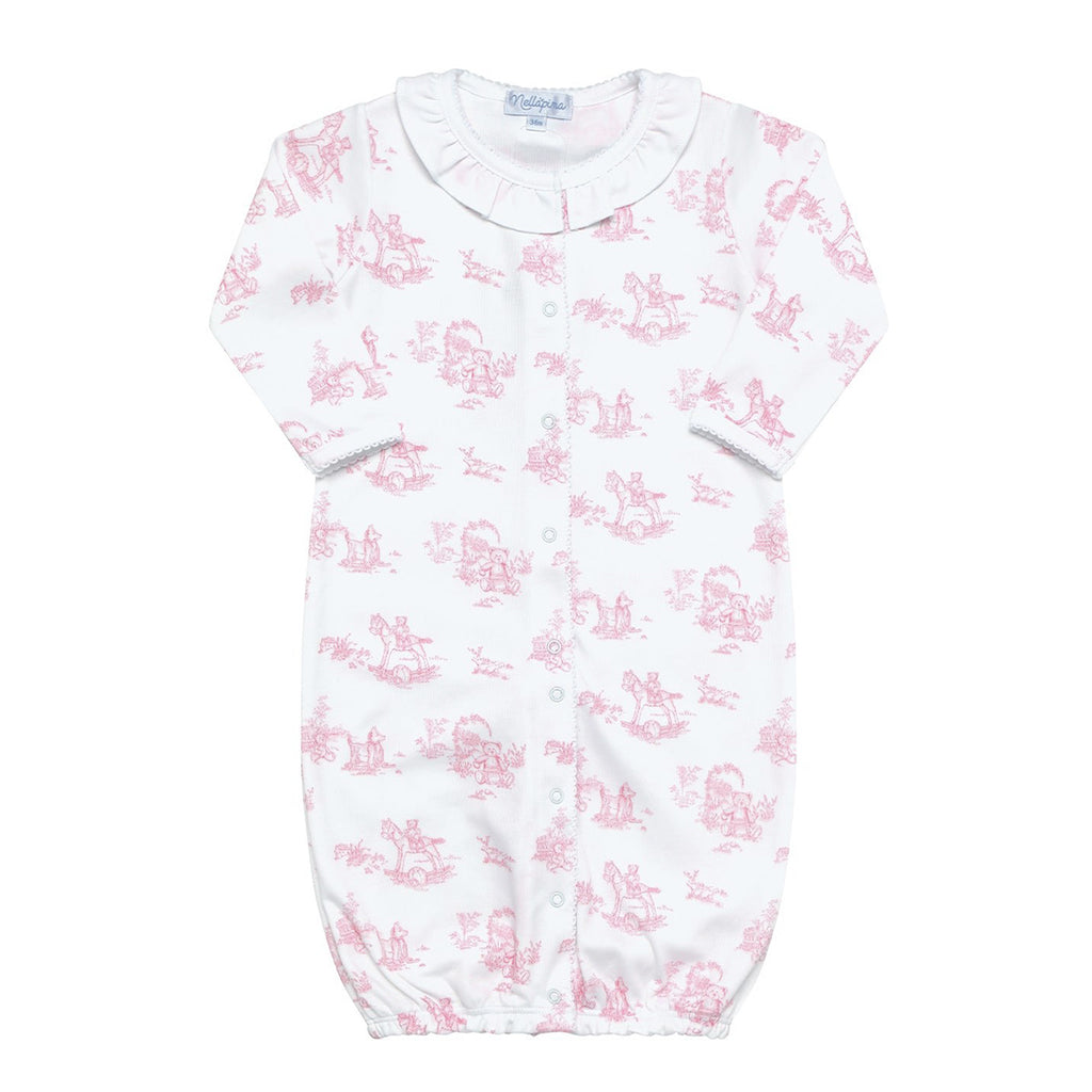 Baby girl's converter gown in a pink toile print with a white ruffled collar.