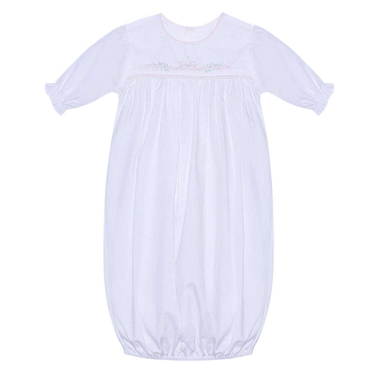 A white baby sleep sack with long sleeves, a round neckline, and delicate light pink bow and floral shadow embroidery across the chest.