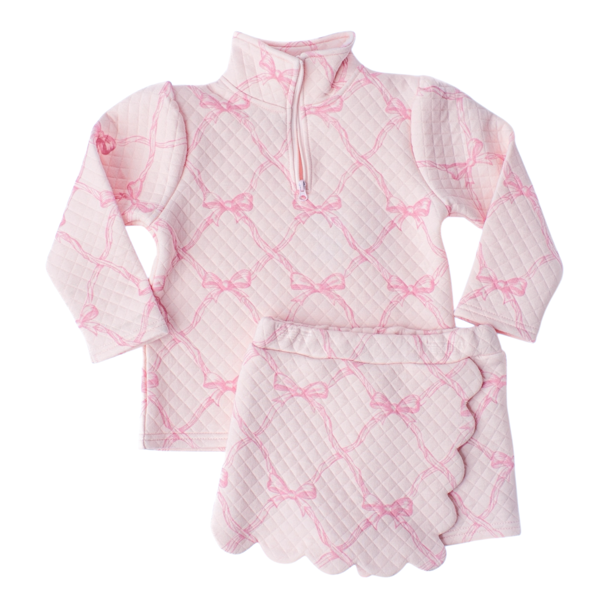 Pink bow quilted quarter zip top and scalloped skort set for girls