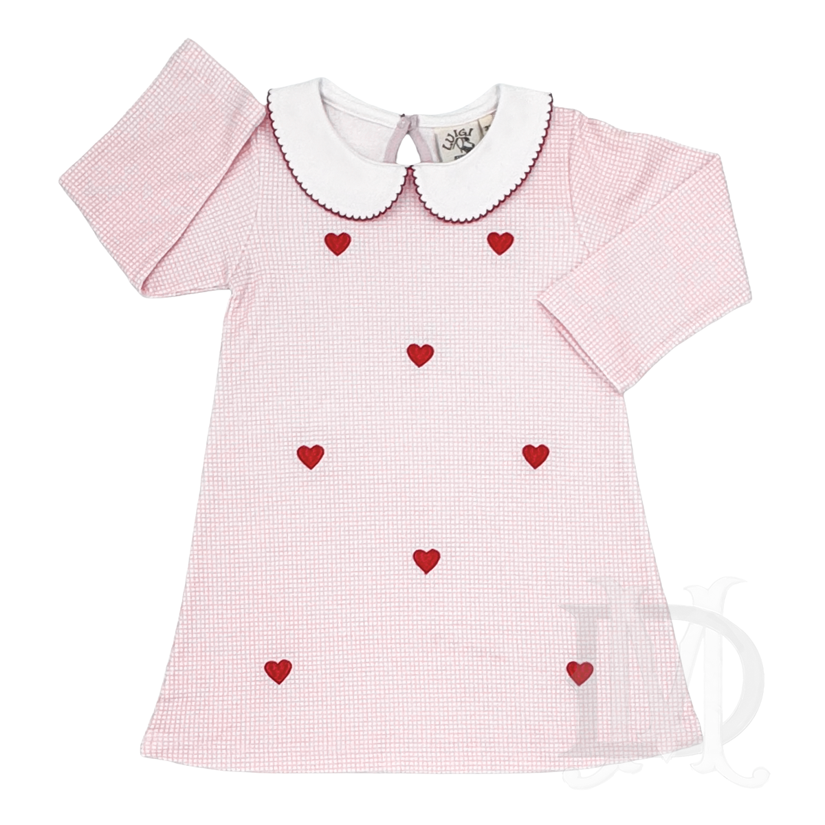 Girls pink windowpane dress with embroidered hearts and red-trim collar