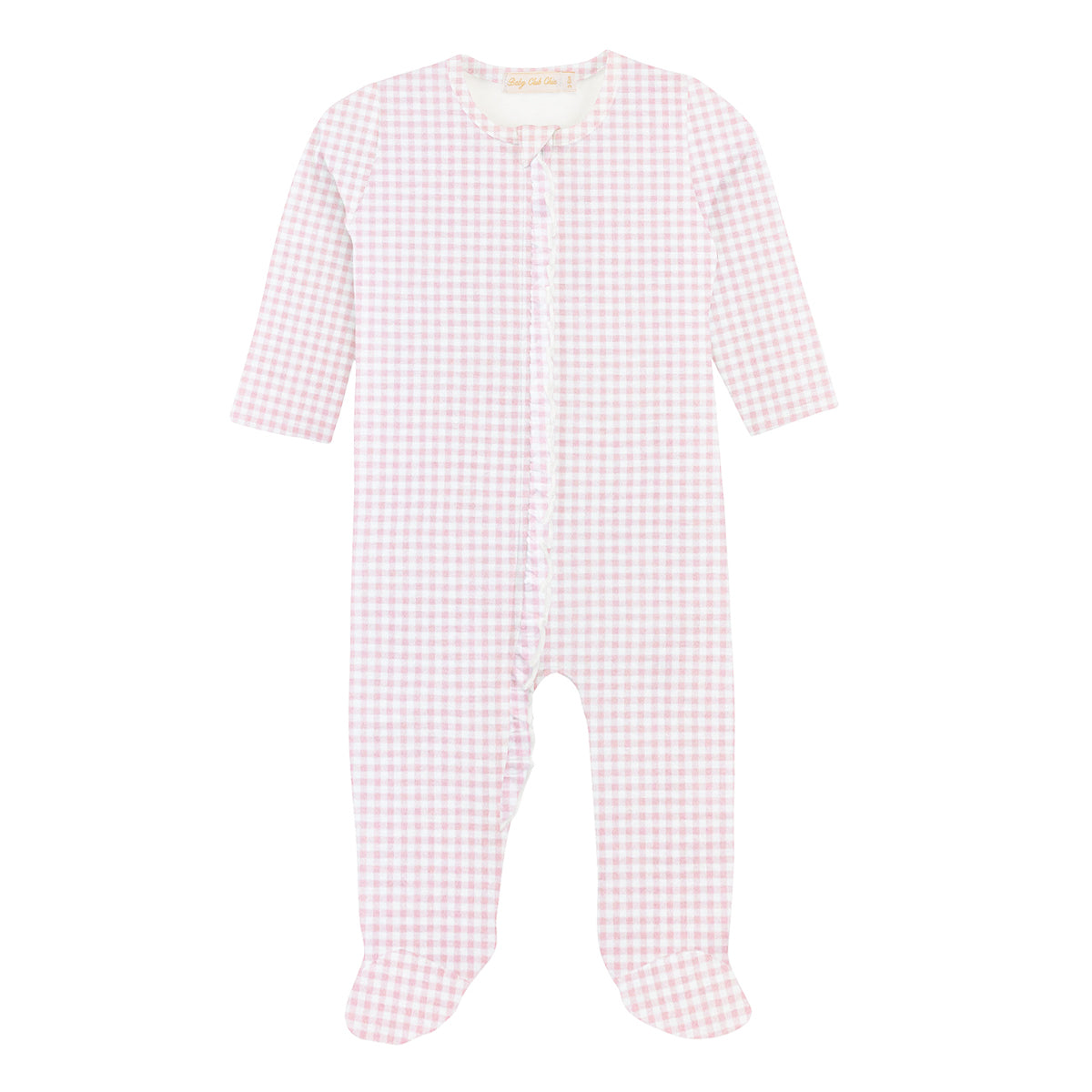 Baby girl zipper front footed sleeper in a pink gingham pattern with a ruffle down the front.