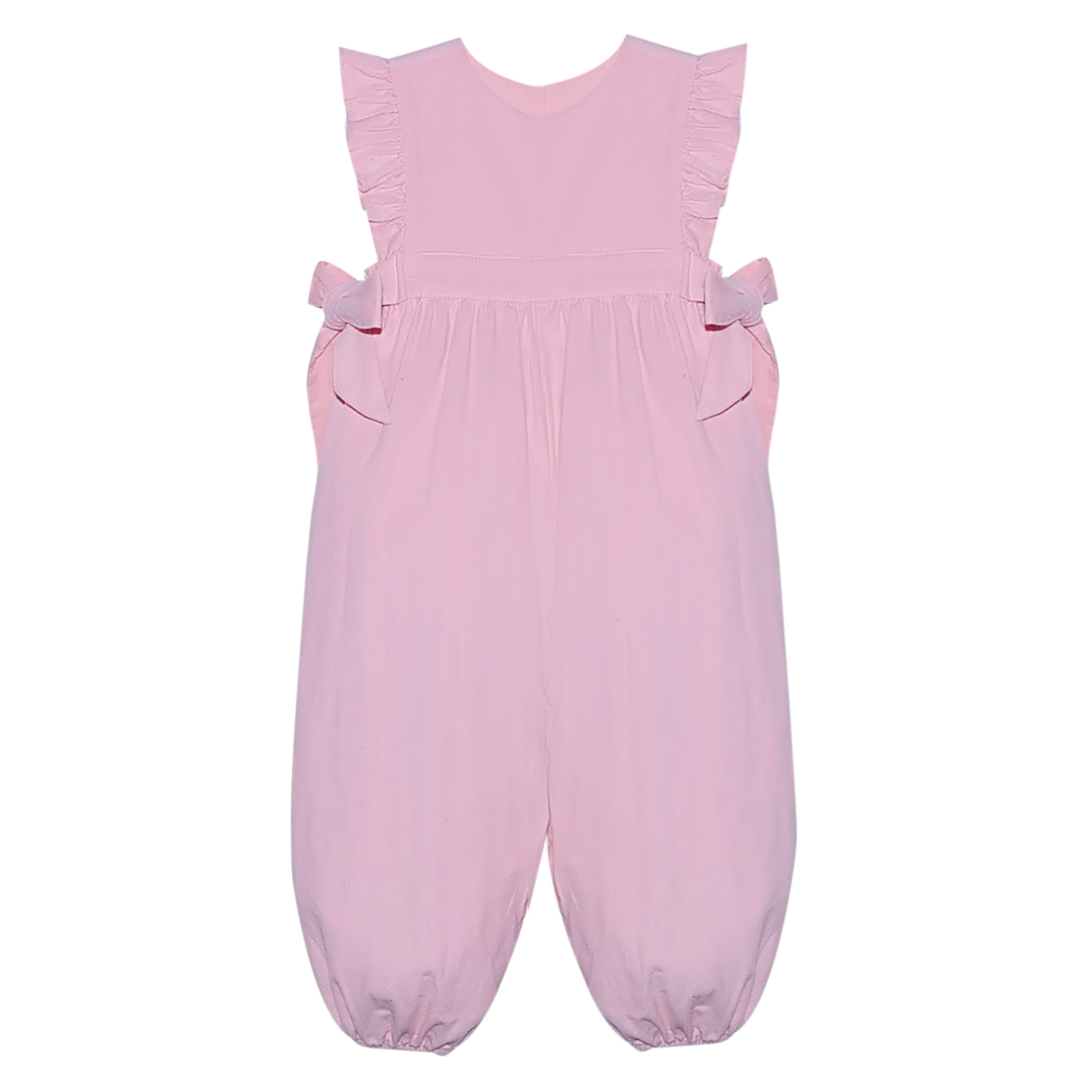 A light pink toddler girl romper with ruffled shoulder straps, side bows, and elasticated leg cuffs.