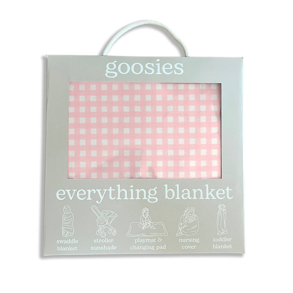 Goosies everything blanket packaging with pink checkered blanket inside