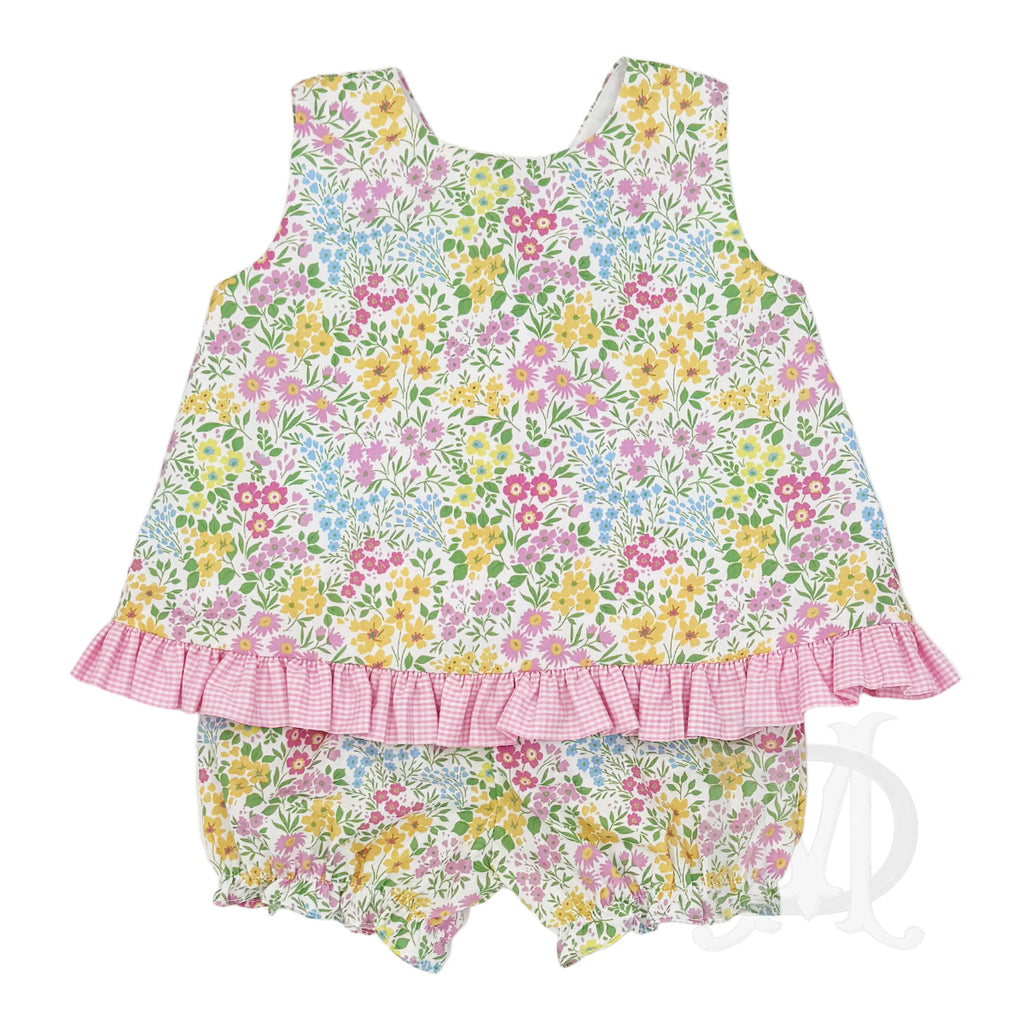 Bright summer floral little girl bloomer set with a pink check ruffled hem.