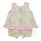 Bright summer floral little girl bloomer set with a pink check ruffled hem.