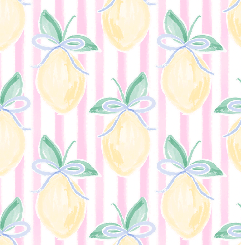 Pattern of lemons with green leaves and blue ribbons on a pink and white striped background