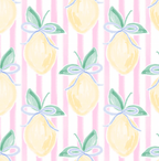Pattern of lemons with green leaves and blue ribbons on a pink and white striped background