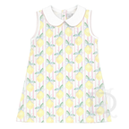 Little girl's sleeveless summer dress with a white collar in a lemon pattern on a pink stripe background.
