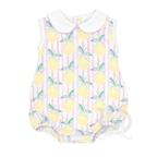 Baby girl's sleeveless summer bubble with a white collar in a lemon pattern on a pink stripe background.