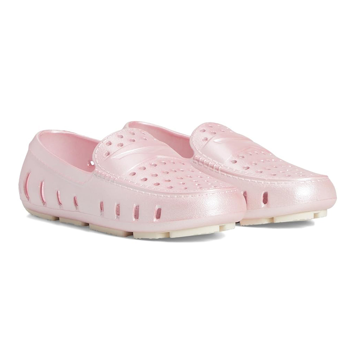 Light pink metallic synthetic rubber girl's driver moccasin shoes.