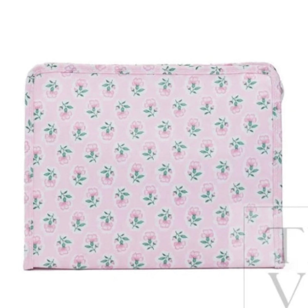 A pink and green floral print cosmetic pouch travel bag organizer.