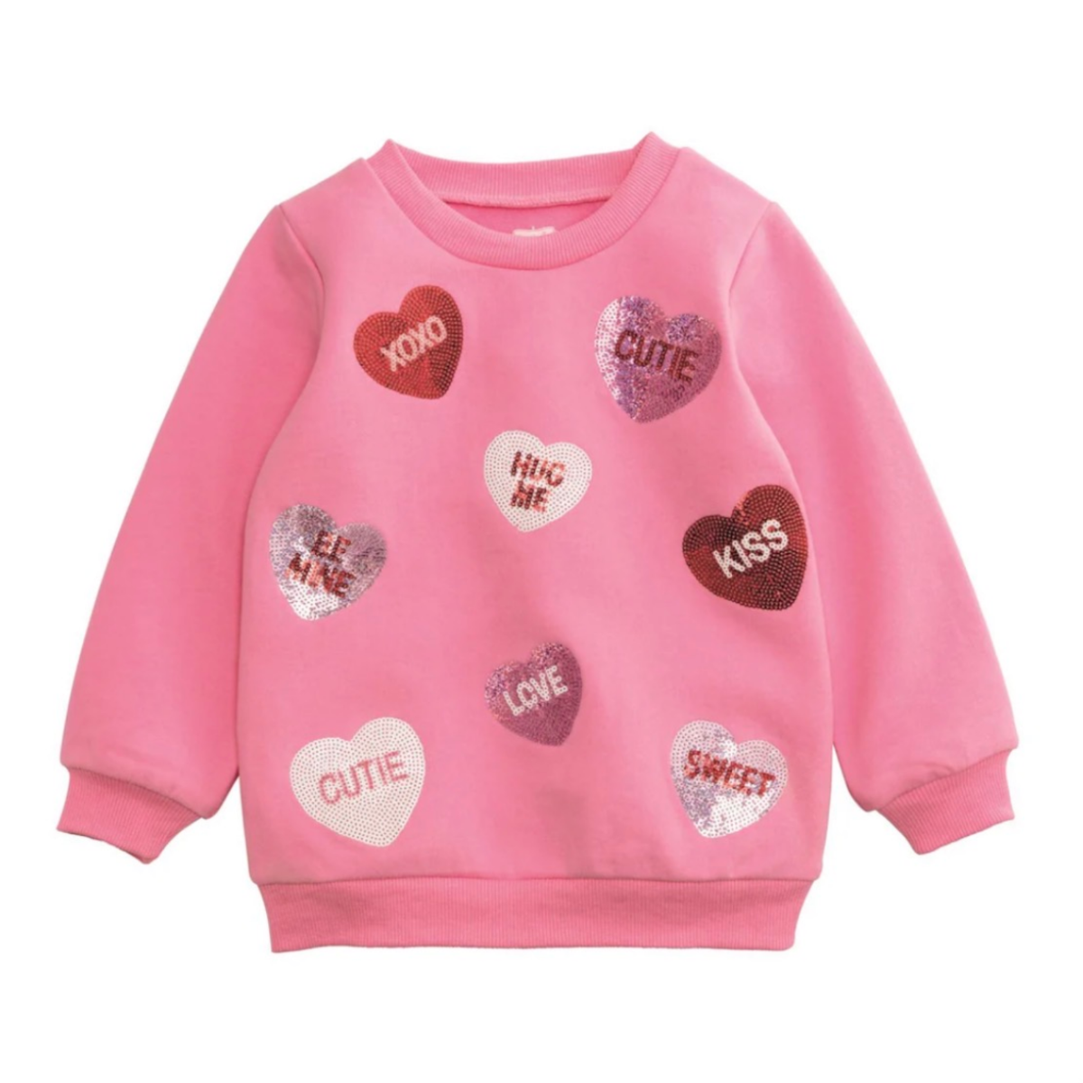 Girl's pink crew neck Valentine's Day sweatshirt with sequined hearts.