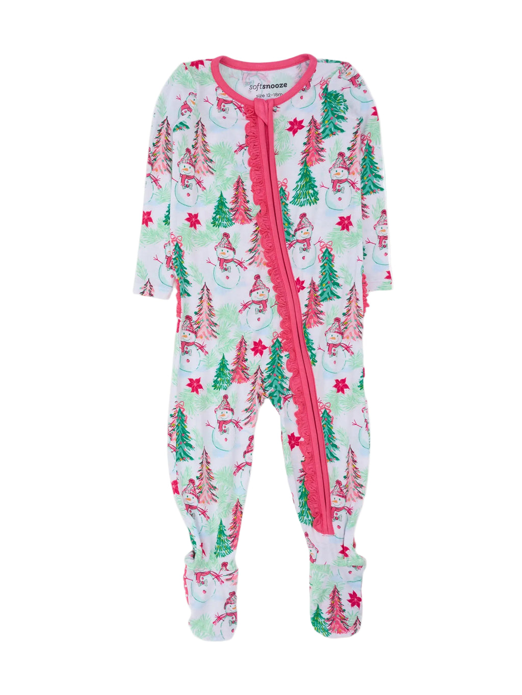 A baby footed sleeper with a festive Christmas print featuring snowmen, pine trees, and red stars, accented with a bright pink zipper and trim.