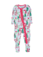 A baby footed sleeper with a festive Christmas print featuring snowmen, pine trees, and red stars, accented with a bright pink zipper and trim.