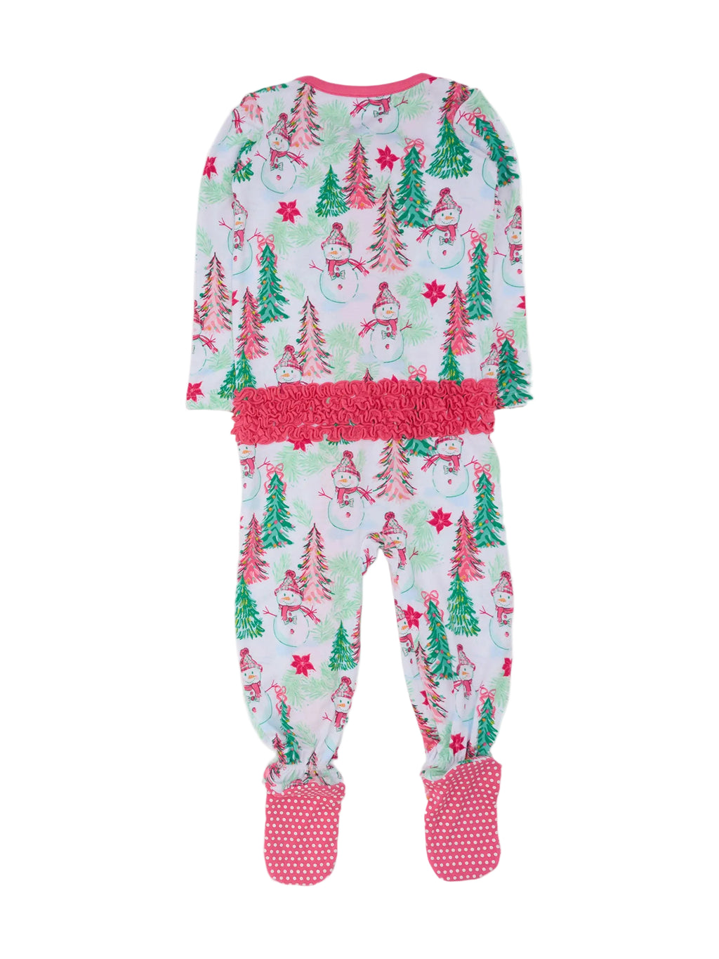 A baby's long-sleeve footed pajama set featuring a festive Christmas print with snowmen, trees, and candy canes on a white background, with a pink fuzzy waistband and pink polka-dot foot cuffs.